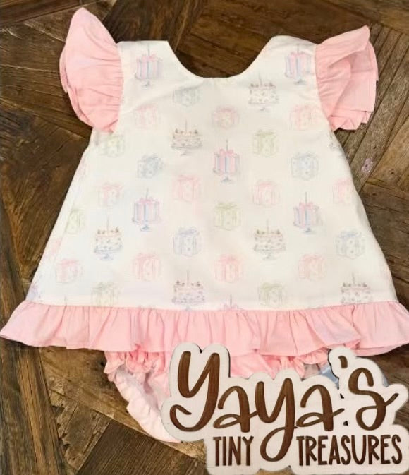 Girl's Birthday Bow Back Diaper/Shorts Set | Blank or Custom Embroidered