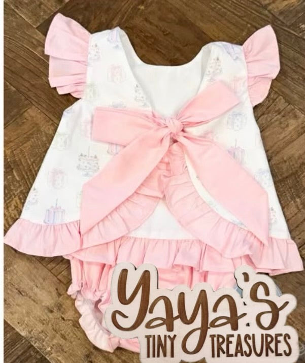 Girl's Birthday Bow Back Diaper/Shorts Set | Blank or Custom Embroidered